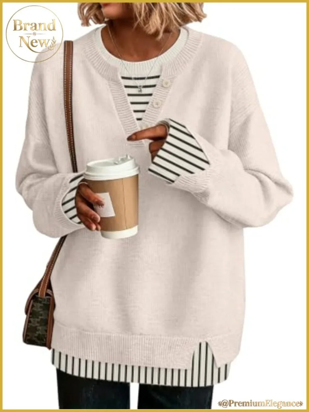 Women's Knit Pullover Sweater Long Sleeve Crewneck Buttons Loose Fit Fall